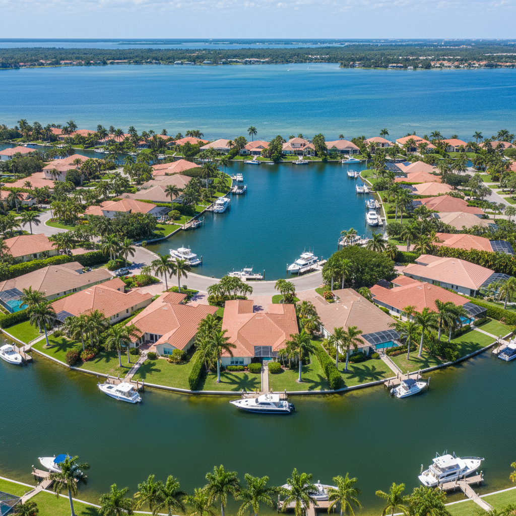 Southwest Florida aerial view of waterfront homes and canals